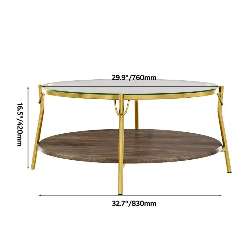 Modern Round Walnut 2-Tiered Coffee Table with Glass Top and Gold Base for Living Room, 29.9