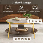 Modern Round Walnut 2-Tiered Coffee Table with Glass Top and Gold Base for Living Room, 29.9