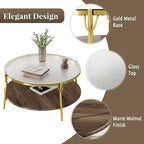 Modern Round Walnut 2-Tiered Coffee Table with Glass Top and Gold Base for Living Room, 29.9