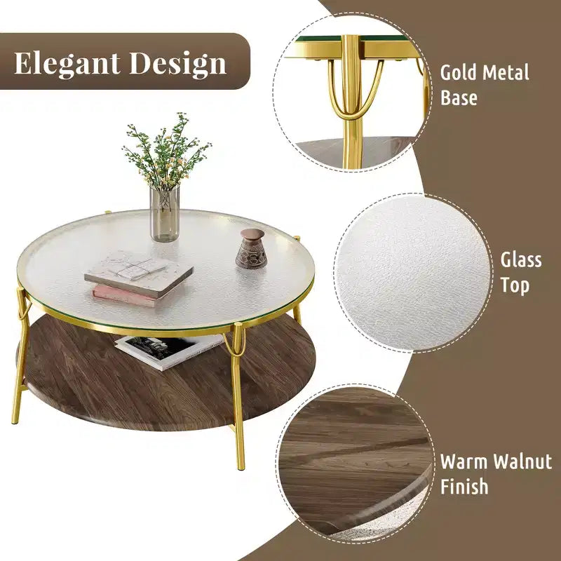 Modern Round Walnut 2-Tiered Coffee Table with Glass Top and Gold Base for Living Room, 29.9