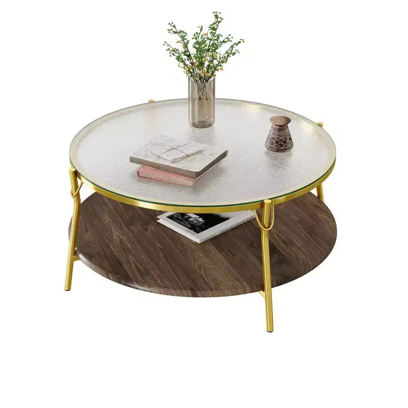 Modern Round Walnut 2-Tiered Coffee Table with Glass Top and Gold Base for Living Room, 29.9