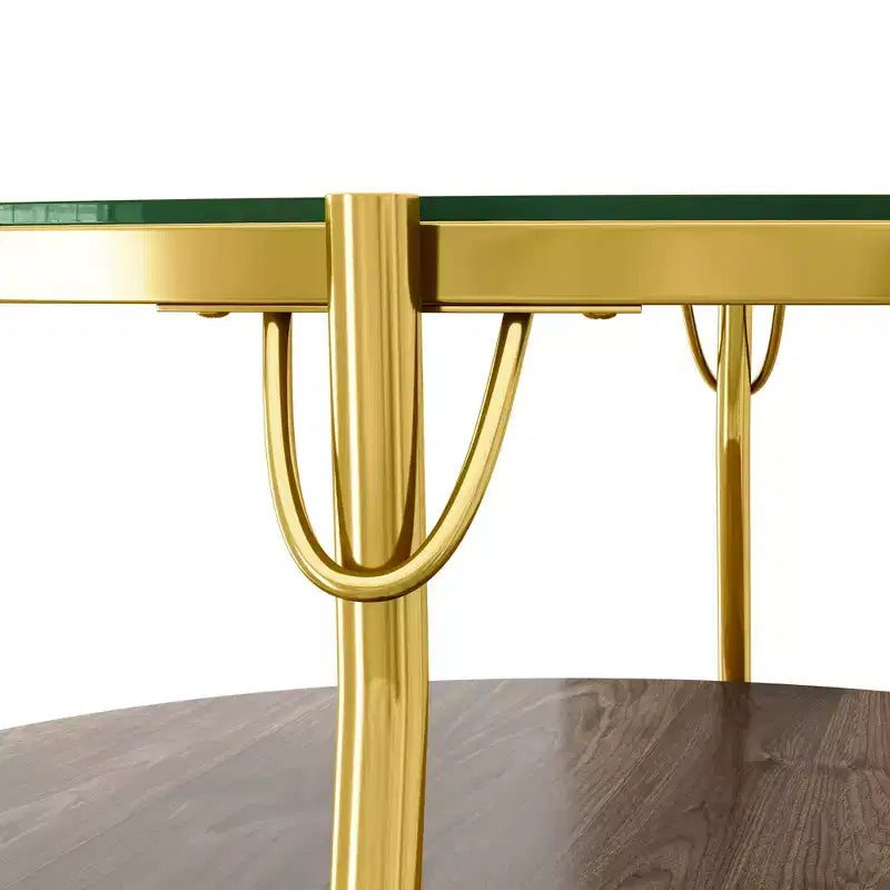 Modern Round Walnut 2-Tiered Coffee Table with Glass Top and Gold Base for Living Room, 29.9