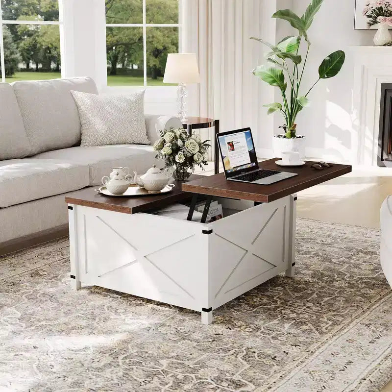Coffee Table for Living Room with Lift Top and Storage, Square Industrial Design with X-Shaped Decor, Durable and Stylish