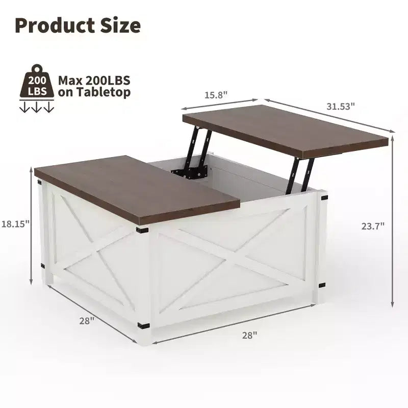 Coffee Table for Living Room with Lift Top and Storage, Square Industrial Design with X-Shaped Decor, Durable and Stylish