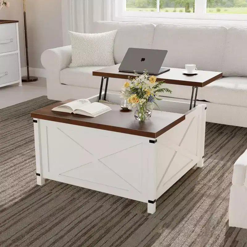 Coffee Table for Living Room with Lift Top and Storage, Square Industrial Design with X-Shaped Decor, Durable and Stylish