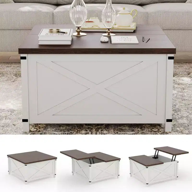 Coffee Table for Living Room with Lift Top and Storage, Square Industrial Design with X-Shaped Decor, Durable and Stylish