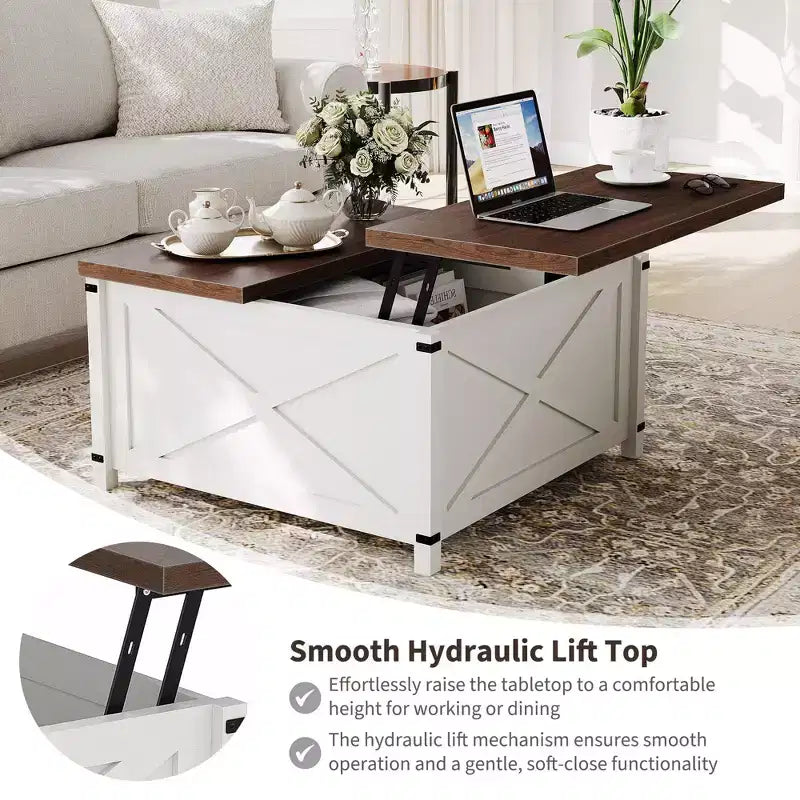 Coffee Table for Living Room with Lift Top and Storage, Square Industrial Design with X-Shaped Decor, Durable and Stylish