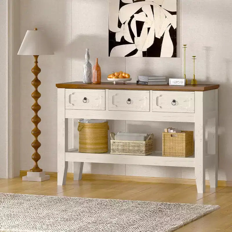 47 Farmhouse Console Table with 3 Drawers & Shelf, Rustic Narrow Entryway & Hallway Sofa Table (white + Brown