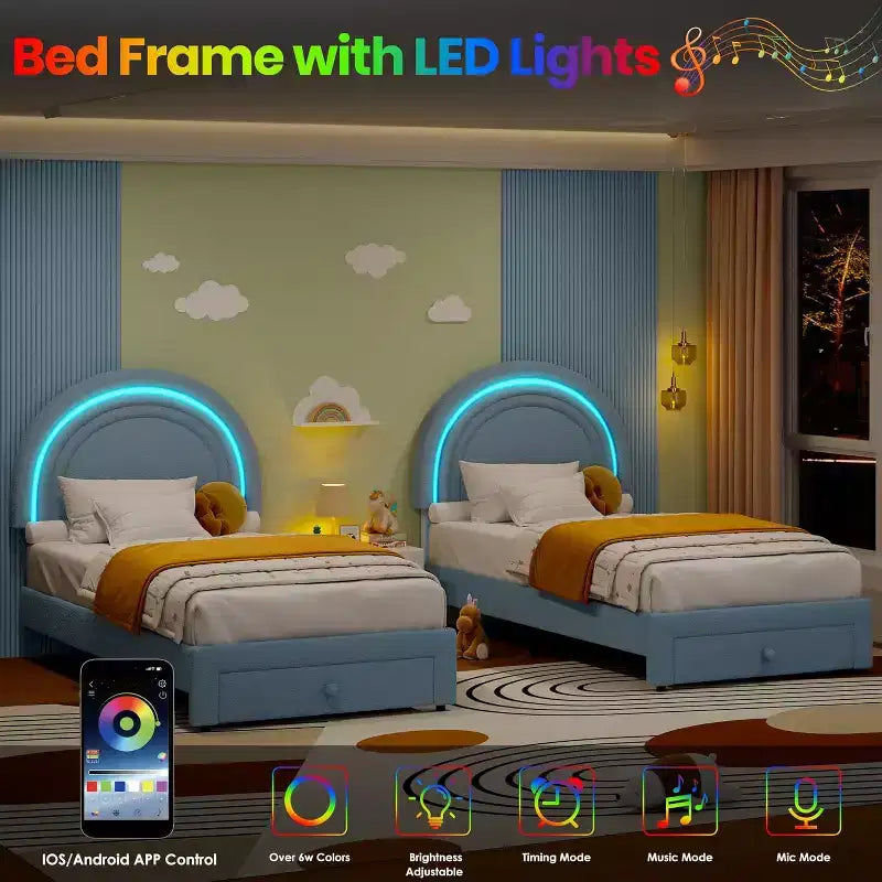 Struttura letto imbottita singola con cassetto portaoggetti e testiera arcobaleno per bambini, supporto a doghe in legno massiccio, non è necessario il box spring, facile da montare