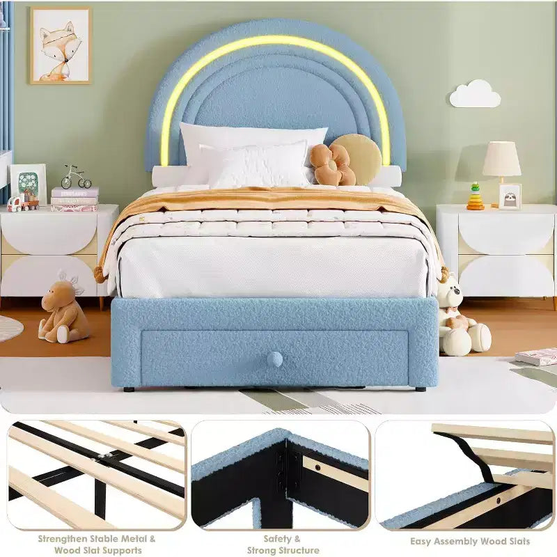 Struttura letto imbottita singola con cassetto portaoggetti e testiera arcobaleno per bambini, supporto a doghe in legno massiccio, non è necessario il box spring, facile da montare