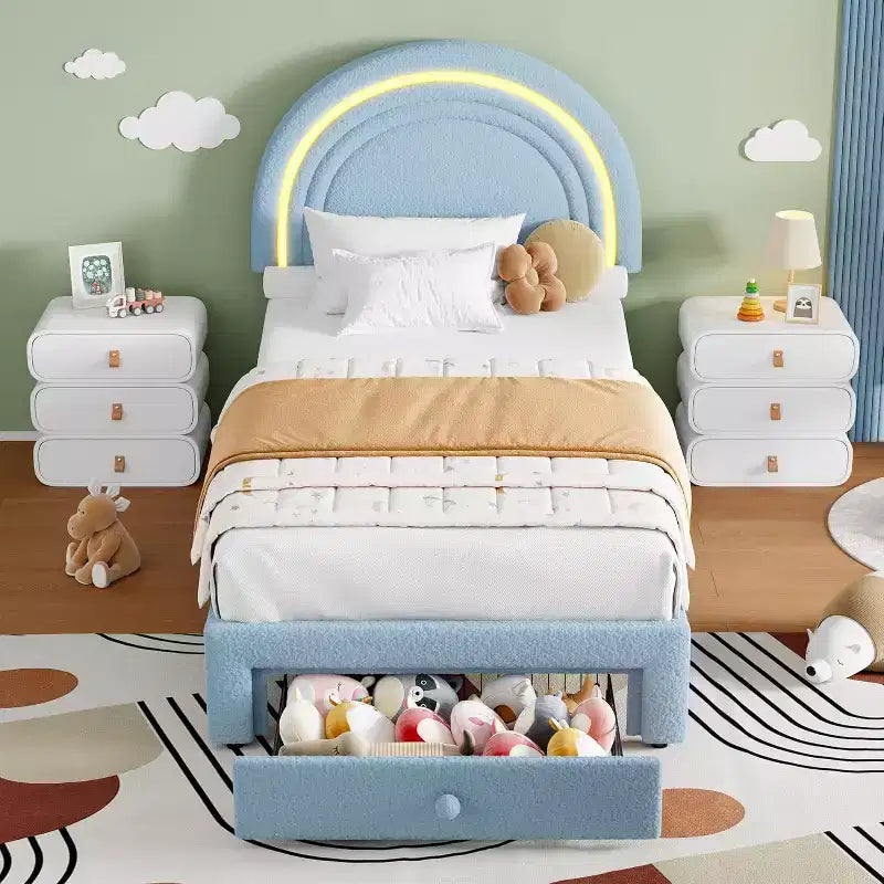 Struttura letto imbottita singola con cassetto portaoggetti e testiera arcobaleno per bambini, supporto a doghe in legno massiccio, non è necessario il box spring, facile da montare