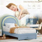 Struttura letto imbottita singola con cassetto portaoggetti e testiera arcobaleno per bambini, supporto a doghe in legno massiccio, non è necessario il box spring, facile da montare