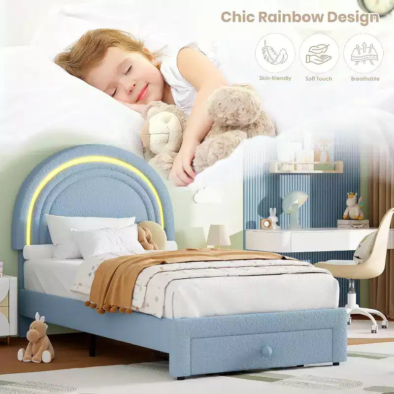 Struttura letto imbottita singola con cassetto portaoggetti e testiera arcobaleno per bambini, supporto a doghe in legno massiccio, non è necessario il box spring, facile da montare