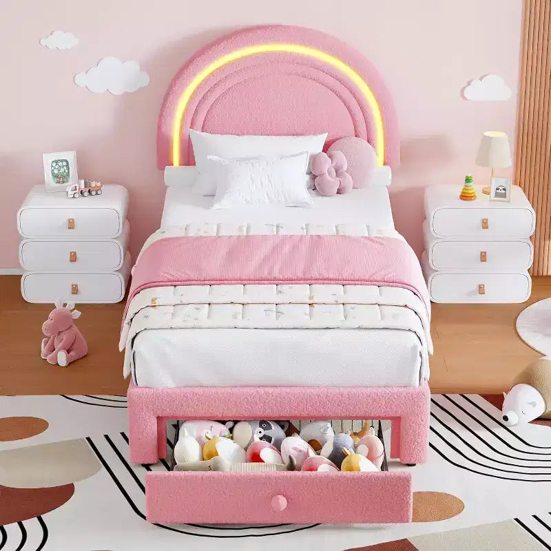 Struttura letto imbottita singola con cassetto portaoggetti e testiera arcobaleno per bambini, supporto a doghe in legno massiccio, non è necessario il box spring, facile da montare