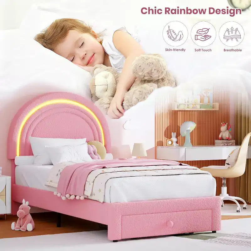 Struttura letto imbottita singola con cassetto portaoggetti e testiera arcobaleno per bambini, supporto a doghe in legno massiccio, non è necessario il box spring, facile da montare