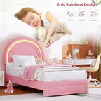Struttura letto imbottita singola con cassetto portaoggetti e testiera arcobaleno per bambini, supporto a doghe in legno massiccio, non è necessario il box spring, facile da montare