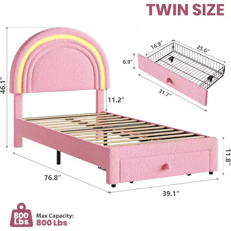 Struttura letto imbottita singola con cassetto portaoggetti e testiera arcobaleno per bambini, supporto a doghe in legno massiccio, non è necessario il box spring, facile da montare