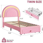 Struttura letto imbottita singola con cassetto portaoggetti e testiera arcobaleno per bambini, supporto a doghe in legno massiccio, non è necessario il box spring, facile da montare