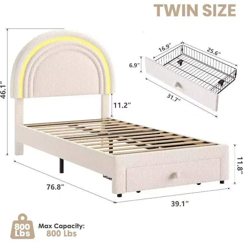 Struttura letto imbottita singola con cassetto portaoggetti e testiera arcobaleno per bambini, supporto a doghe in legno massiccio, non è necessario il box spring, facile da montare