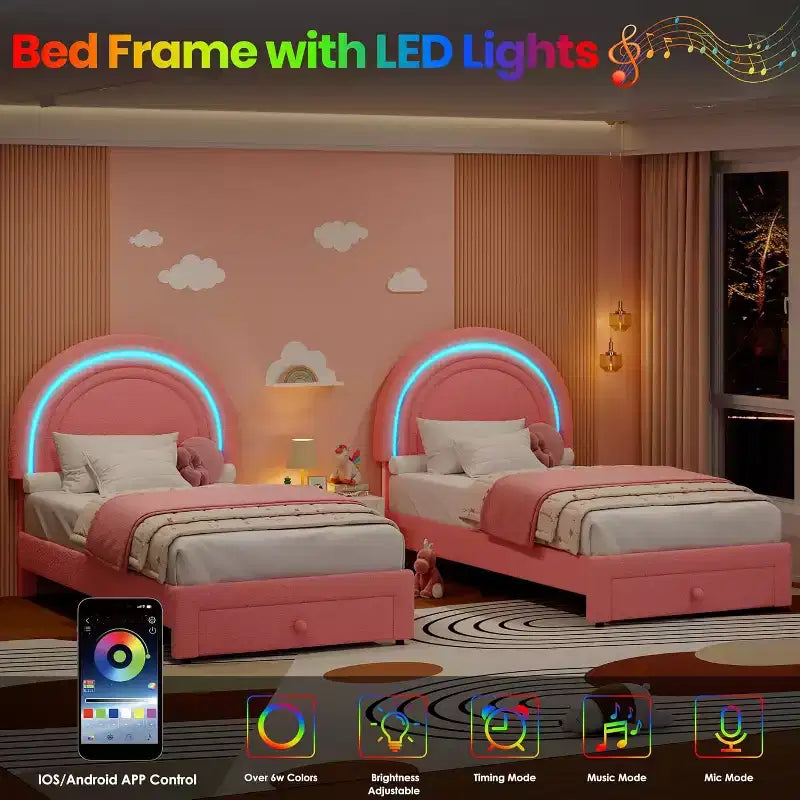 Struttura letto imbottita singola con cassetto portaoggetti e testiera arcobaleno per bambini, supporto a doghe in legno massiccio, non è necessario il box spring, facile da montare