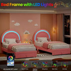 Struttura letto imbottita singola con cassetto portaoggetti e testiera arcobaleno per bambini, supporto a doghe in legno massiccio, non è necessario il box spring, facile da montare