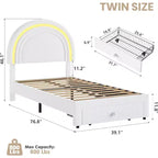 Struttura letto imbottita singola con cassetto portaoggetti e testiera arcobaleno per bambini, supporto a doghe in legno massiccio, non è necessario il box spring, facile da montare