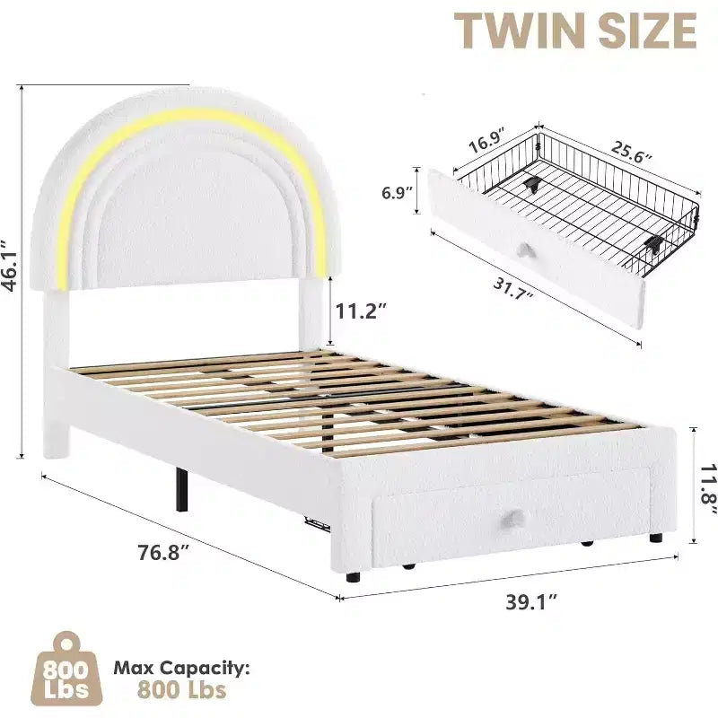Struttura letto imbottita singola con cassetto portaoggetti e testiera arcobaleno per bambini, supporto a doghe in legno massiccio, non è necessario il box spring, facile da montare