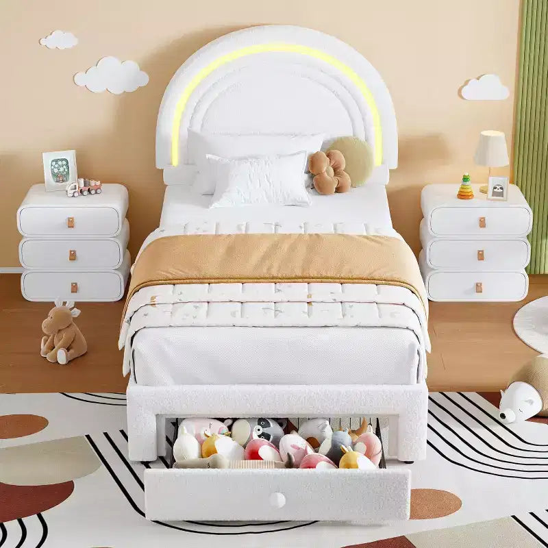 Struttura letto imbottita singola con cassetto portaoggetti e testiera arcobaleno per bambini, supporto a doghe in legno massiccio, non è necessario il box spring, facile da montare