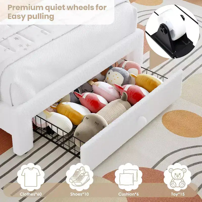 Struttura letto imbottita singola con cassetto portaoggetti e testiera arcobaleno per bambini, supporto a doghe in legno massiccio, non è necessario il box spring, facile da montare
