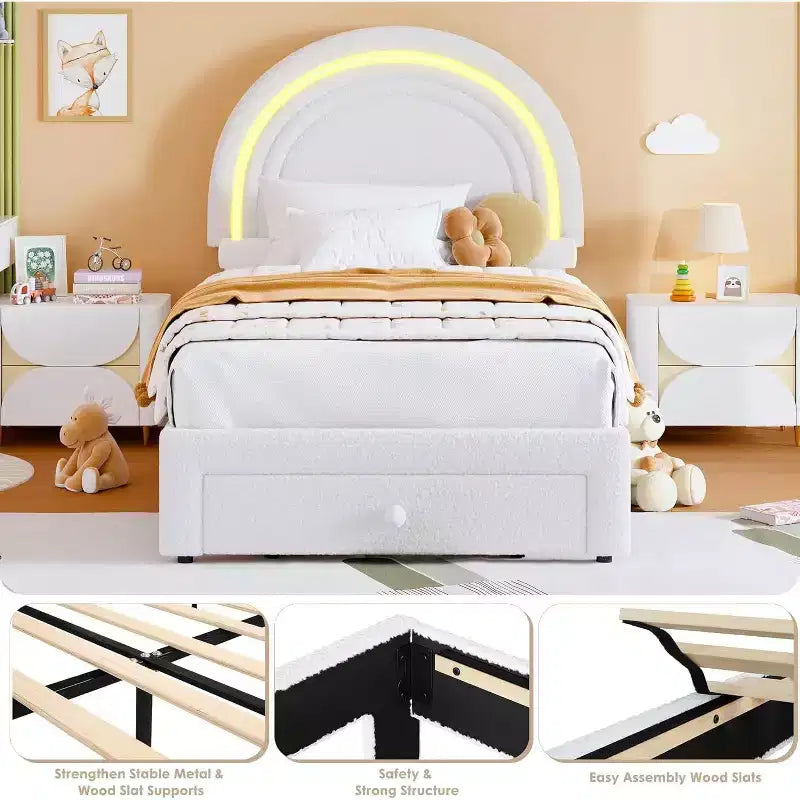 Struttura letto imbottita singola con cassetto portaoggetti e testiera arcobaleno per bambini, supporto a doghe in legno massiccio, non è necessario il box spring, facile da montare