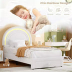 Struttura letto imbottita singola con cassetto portaoggetti e testiera arcobaleno per bambini, supporto a doghe in legno massiccio, non è necessario il box spring, facile da montare