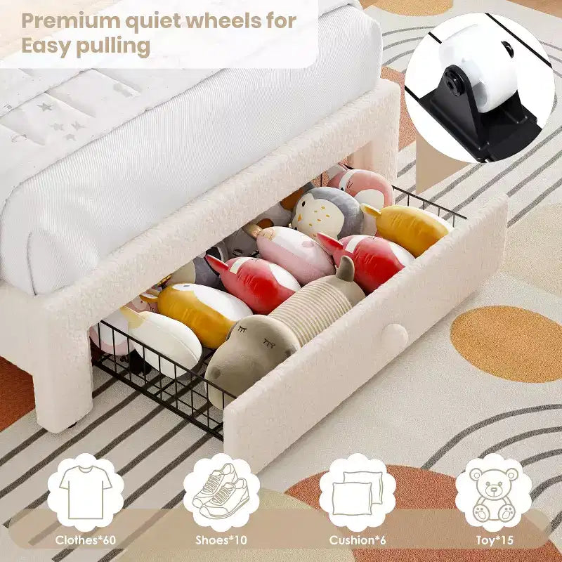 Struttura letto imbottita singola con cassetto portaoggetti e testiera arcobaleno per bambini, supporto a doghe in legno massiccio, non è necessario il box spring, facile da montare
