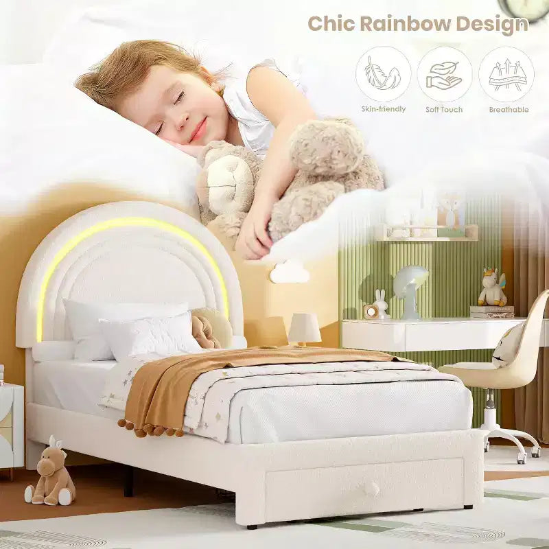 Struttura letto imbottita singola con cassetto portaoggetti e testiera arcobaleno per bambini, supporto a doghe in legno massiccio, non è necessario il box spring, facile da montare