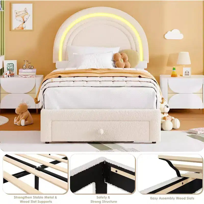 Struttura letto imbottita singola con cassetto portaoggetti e testiera arcobaleno per bambini, supporto a doghe in legno massiccio, non è necessario il box spring, facile da montare