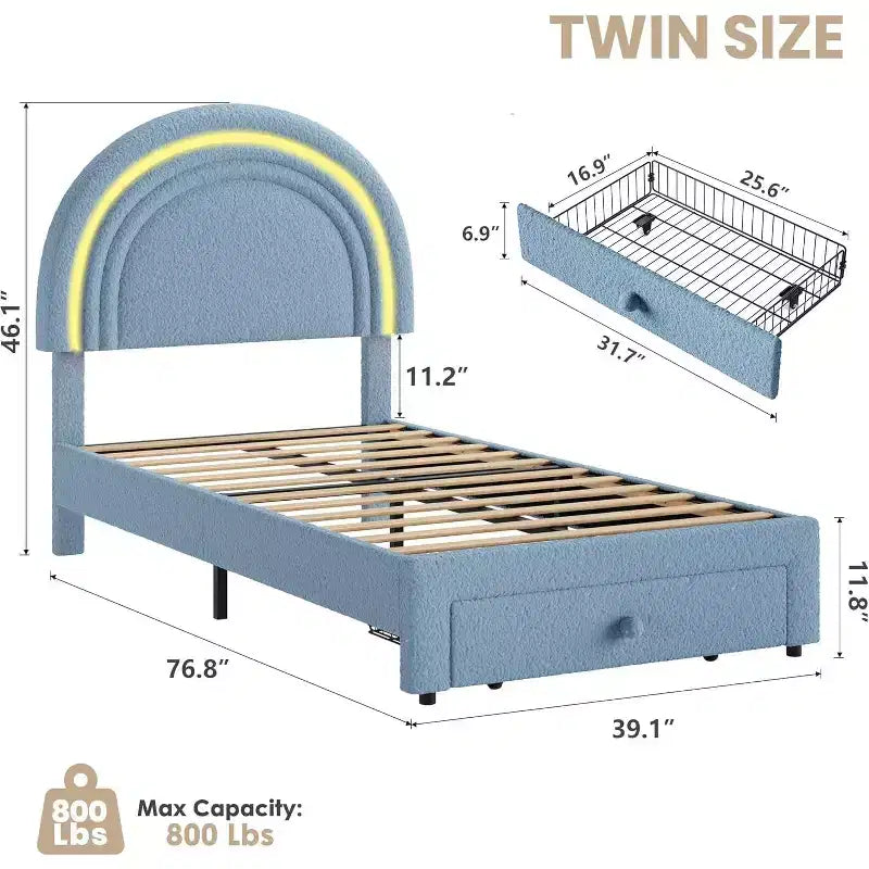 Struttura letto imbottita singola con cassetto portaoggetti e testiera arcobaleno per bambini, supporto a doghe in legno massiccio, non è necessario il box spring, facile da montare