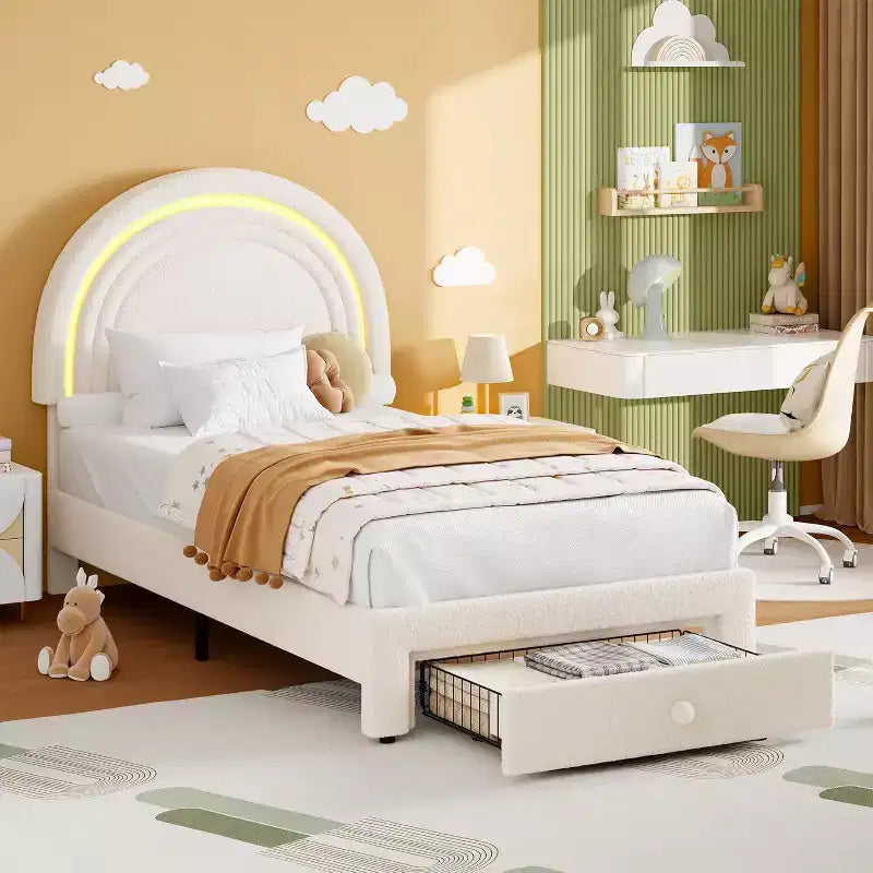 Twin Upholstered Bed Frame with Storage Drawer and Rainbow Headboard for Kids, Solid Wood Slat Support, No Box Spring Needed, Easy Assembly