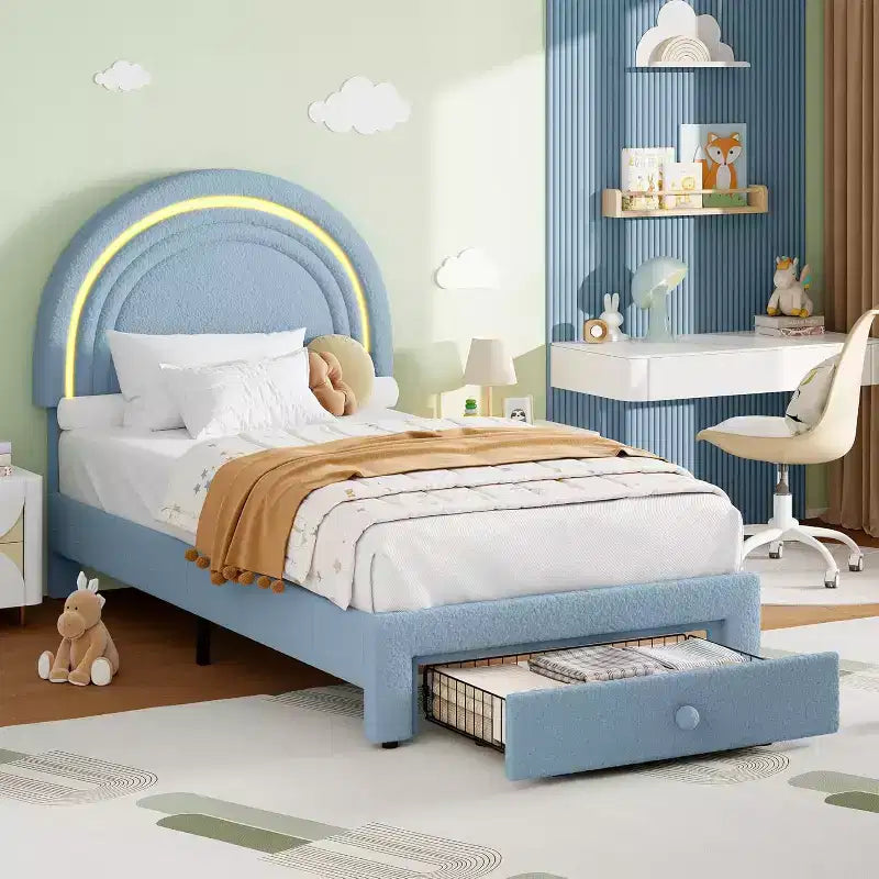 Twin Upholstered Bed Frame with Storage Drawer and Rainbow Headboard for Kids, Solid Wood Slat Support, No Box Spring Needed, Easy Assembly