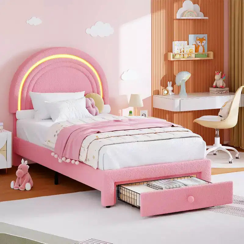 Twin Upholstered Bed Frame with Storage Drawer and Rainbow Headboard for Kids, Solid Wood Slat Support, No Box Spring Needed, Easy Assembly