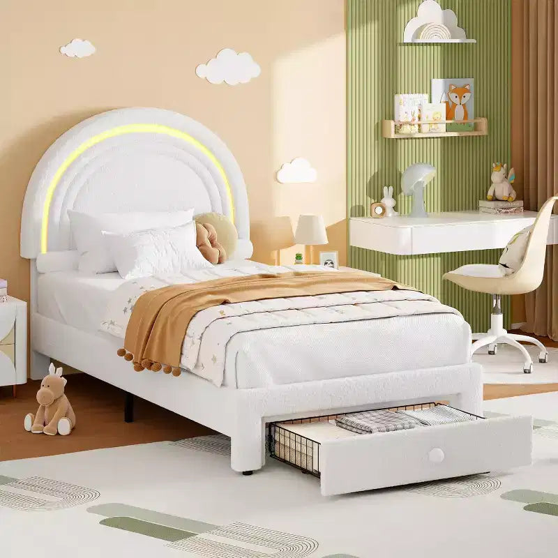 Twin Upholstered Bed Frame with Storage Drawer and Rainbow Headboard for Kids, Solid Wood Slat Support, No Box Spring Needed, Easy Assembly