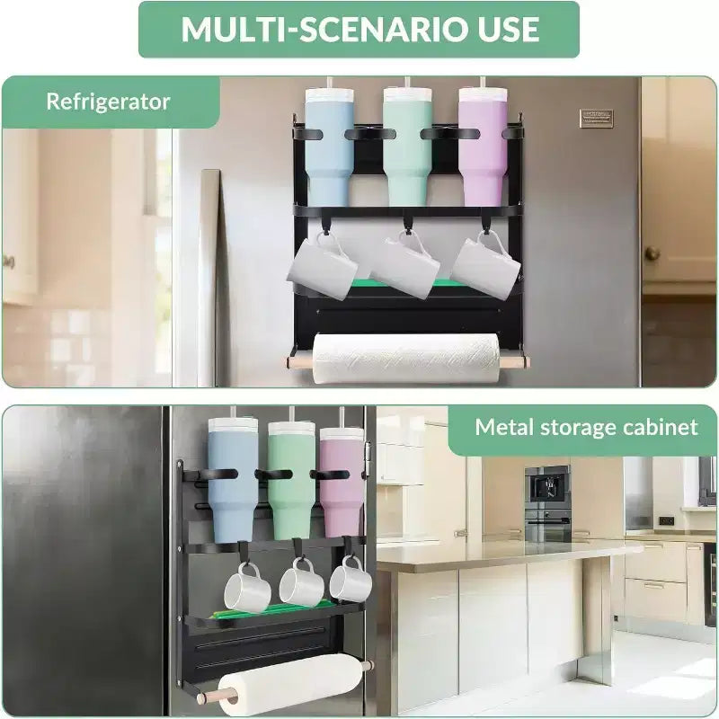 Porta-tazze magnetico per il lato del frigorifero Organizer pieghevole salvaspazio con ripiano e ganci, contiene 3 tazze grandi, installazione senza trapano per la cucina