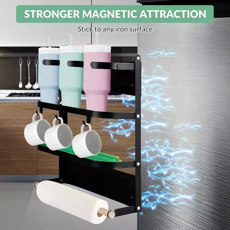 Porta-tazze magnetico per il lato del frigorifero Organizer pieghevole salvaspazio con ripiano e ganci, contiene 3 tazze grandi, installazione senza trapano per la cucina