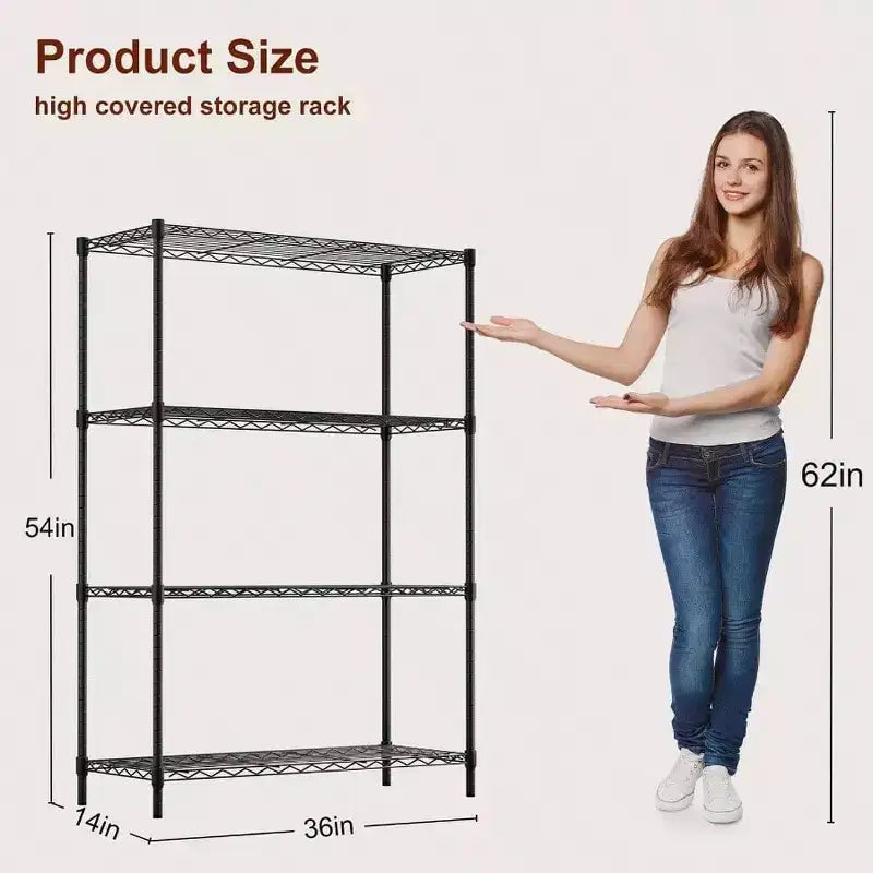 Scaffali portatutto a 4 ripiani in filo metallico neri, per casa e garage, in metallo pesante, regge fino a 450 kg, nessun assemblaggio richiesto, ripiani regolabili
