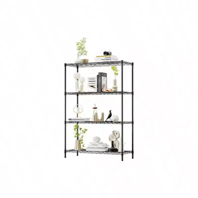 Scaffali portatutto a 4 ripiani in filo metallico neri, per casa e garage, in metallo pesante, regge fino a 450 kg, nessun assemblaggio richiesto, ripiani regolabili