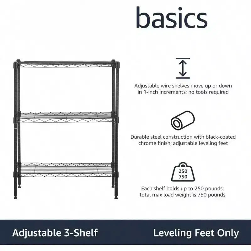 3 - Shelf Adjustable Heavy Duty Steel Wire Rack Storage Shelving Organizer Kitchen Garage Black 23.2 Inch Lx 13.4 Inch Wx 30 Inch H