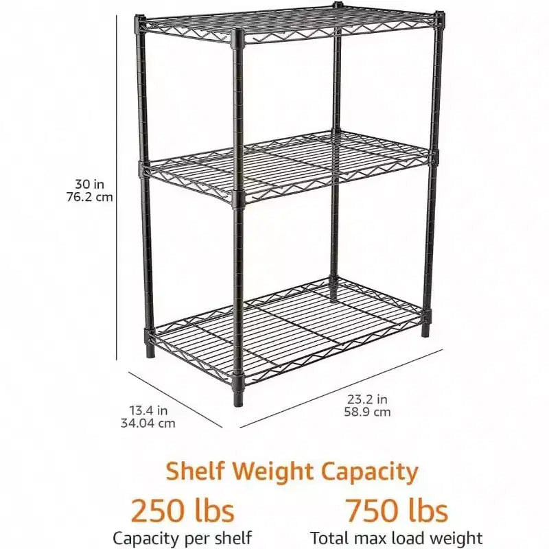 3 - Shelf Adjustable Heavy Duty Steel Wire Rack Storage Shelving Organizer Kitchen Garage Black 23.2 Inch Lx 13.4 Inch Wx 30 Inch H