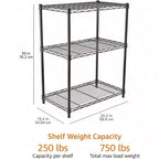 3 - Shelf Adjustable Heavy Duty Steel Wire Rack Storage Shelving Organizer Kitchen Garage Black 23.2 Inch Lx 13.4 Inch Wx 30 Inch H
