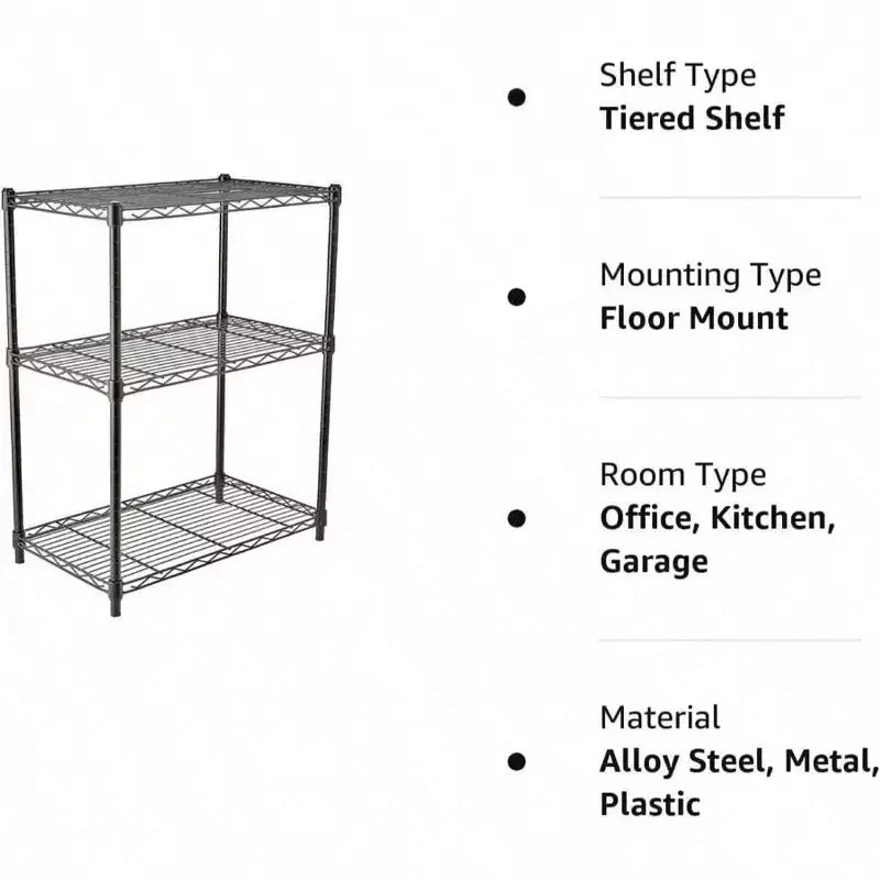 3 - Shelf Adjustable Heavy Duty Steel Wire Rack Storage Shelving Organizer Kitchen Garage Black 23.2 Inch Lx 13.4 Inch Wx 30 Inch H