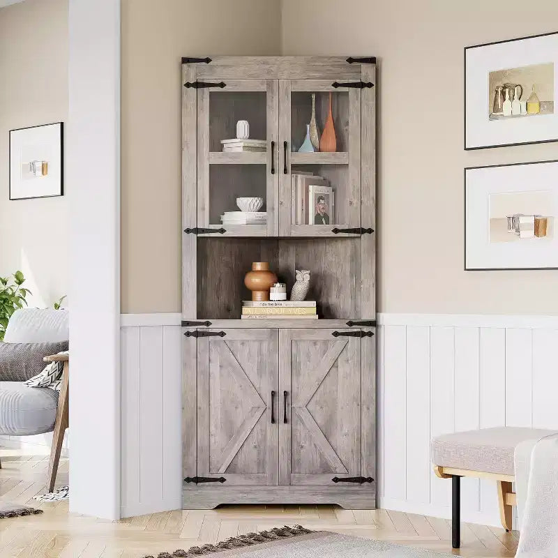 Tall Corner Cabinet, Farmhouse Corner Storage Cabinet with Glass Door & Adjustable Shelves, Space Saving Storage Gray