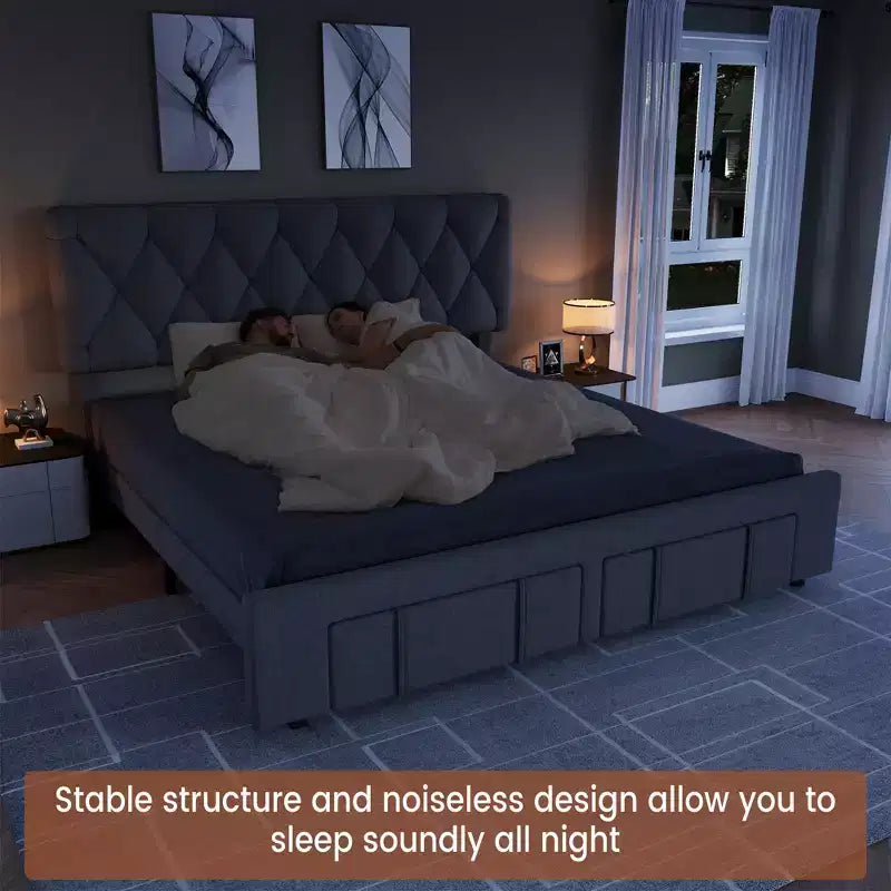 Struttura Letto Matrimoniale Beige, Imbottita con Cassetti Contenitore, Base Materasso, Supporto con Solide Doghe in Legno, Nessuna Rete a Molle Necessaria