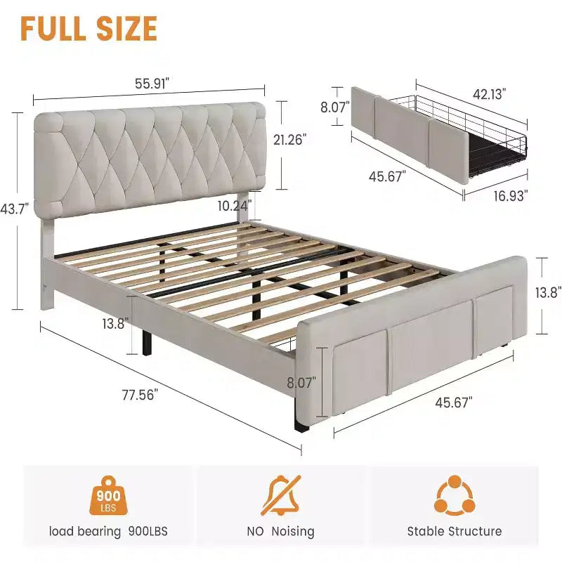 Struttura Letto Matrimoniale Beige, Imbottita con Cassetti Contenitore, Base Materasso, Supporto con Solide Doghe in Legno, Nessuna Rete a Molle Necessaria